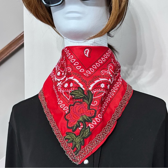 Bandana Neck Scarf OOAK Handmade With Embroidered patch Floral and Lace - Picture 5 of 11